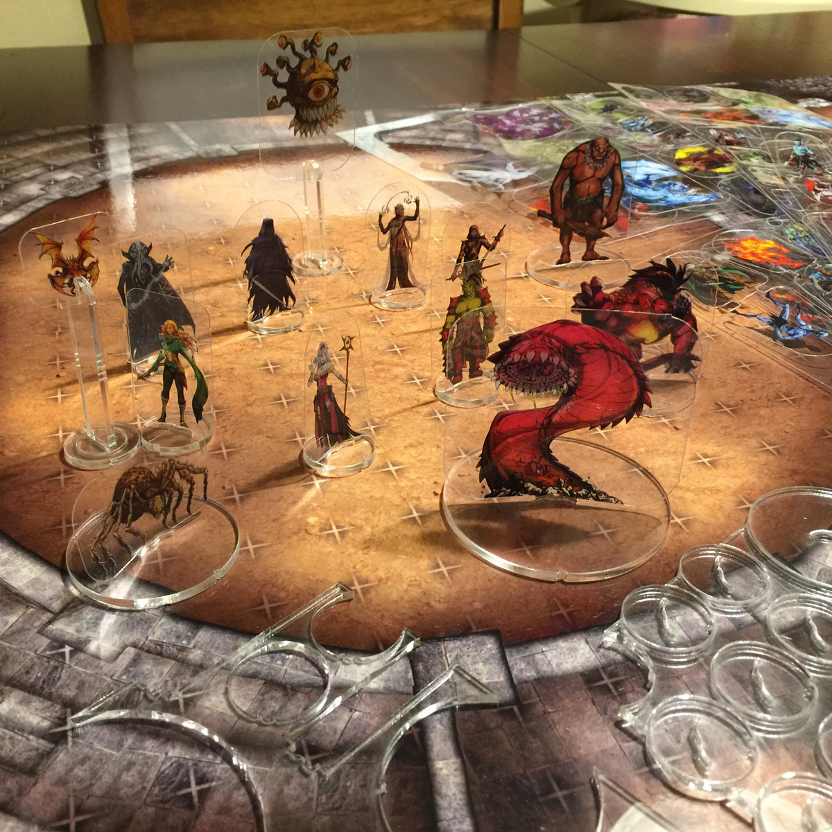Arcknight Flat Plastic Minis arranged across a real tabletop encounter